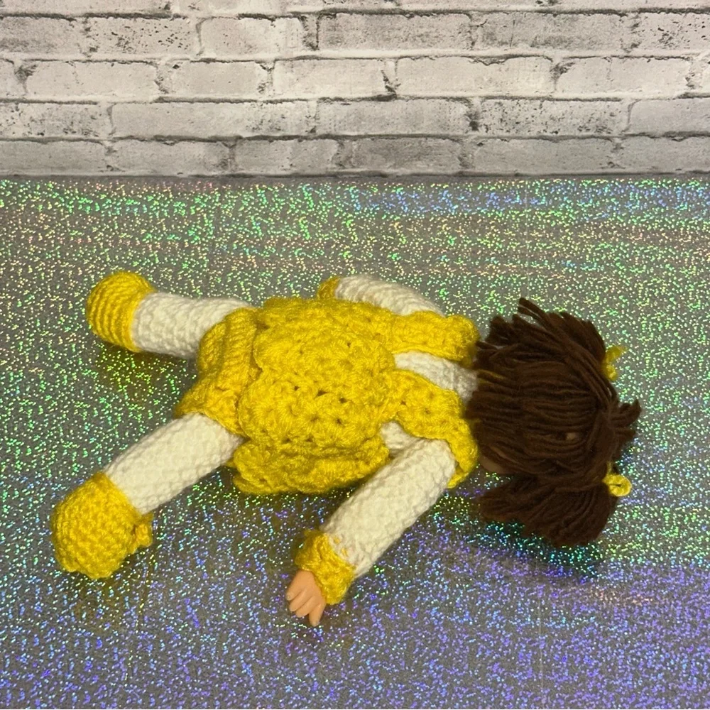 Vintage Hand Crochet Doll with Knitted Yellow Dress 11in Tall Yellow White